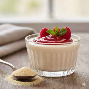 A gelatine dessert with strawberries and a spoon with gelatine powder