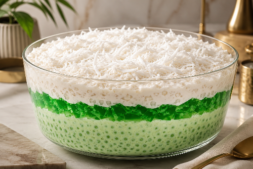 Three-layer pandan sago, coconut and jelly dessert in a glass, showing distinct green, white and clear layers