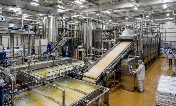 A large industrial gelatine processing facility with stainless steel tanks, conveyors, and workers in white protective suits