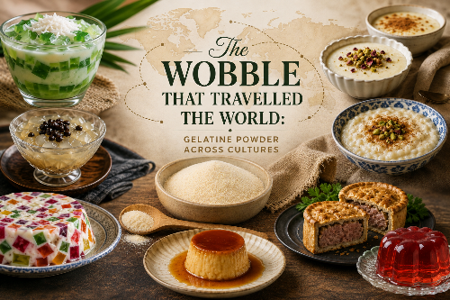 A styled food collage showing gelatine-based desserts and dishes from around the world, including jellies, mousses, and layered sweets