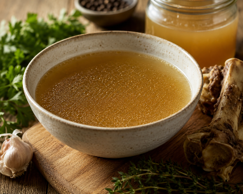 A ceramic bowl filled with golden beef broth, styled on a wooden cutting board with garlic, herbs, a bone, and a glass jar of Beef broth in the background