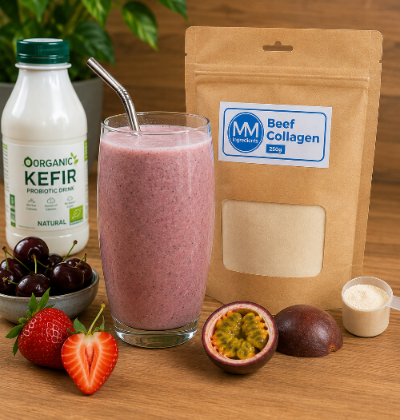 A glass of Cherry, Strawberry and Passion fruit smoothie with organic Kefir drink and added Beef collagen which is supplied by MM Ingredients