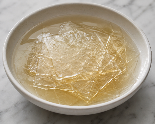 A white ceramic bowl filled with gelatine leaves been soaked before been used, set on a light gray marble surface