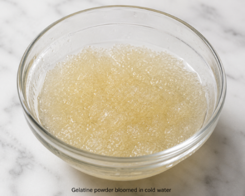 A clear glass bowl filled with pale yellow gelatin powder bloomed in cold water, shown on a light marble surface with small text at the bottom reading 'Gelatine powder bloomed in cold water'.