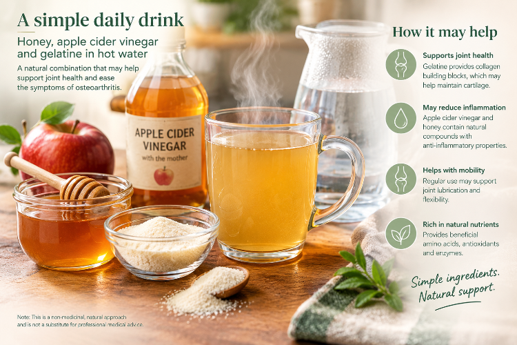 A picture showing a hot drink in a glass. The drink is made of Honet, Apple vinegar cider and gelatine powder. This drink may help relieve the symptoms of Osteoarthritis. gelatine powder is sold by MM Ingredients