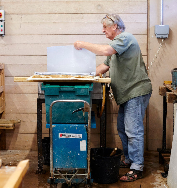 Jim Patterson, owner of Two Rivers Paper Company, sizing handmade paper using gelatine supplied by MM Ingredients at East Quay
