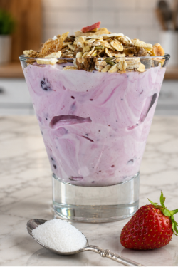 A glass containing a strawberry smoothie with added collagen powder supplied by MM Ingredients with granola on top