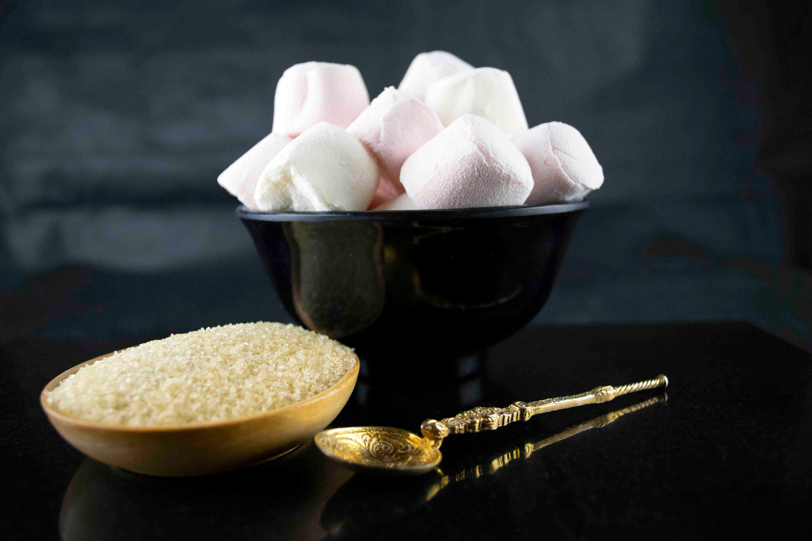 A bowl of homemade gourmet vanilla marshmallows dusted with cornflour, made using the Miss Marshmallow recipe