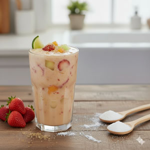 A Strawberry and other fruit smoothie with added collagen supplied by MM Ingredients