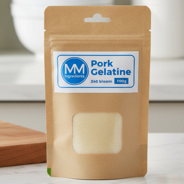 A pouch of pork gelatine 240 bloom 100g from MM Ingredients