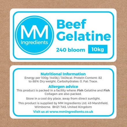 A 10Kg box of powdered Beef gelatine 240 bloom from MM Ingredients