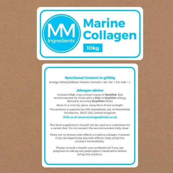 A 10Kg bulk box of Type 1 Marine Collagen sold by MM Ingredients