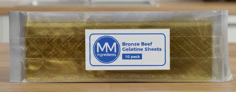 A pack of 10 Beef Bronze Leaf gelatine sheets supplied by MM Ingredients