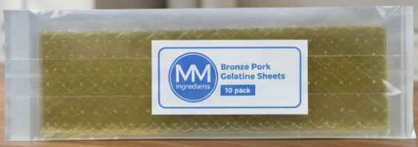 10 sheets of Pork Bronze Leaf Gelatine sheets supplied by MM Ingredients