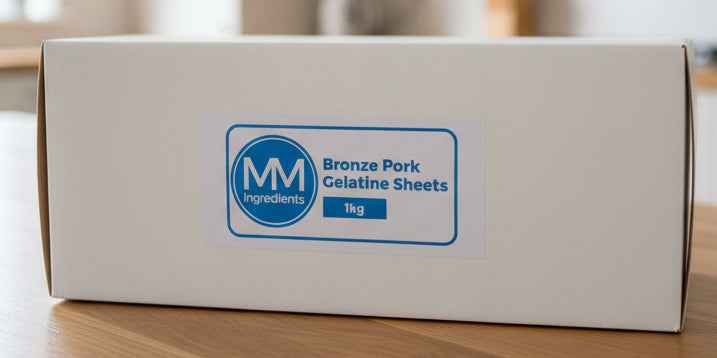 A 1Kg box of Pork Bronze Leaf Gelatine containing approximately 300 leaves as sold by MM Ingredients