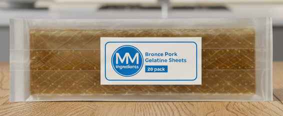 A pack of 20 Pork Bronze Leaf Gelatine sheets sold by MM Ingredients