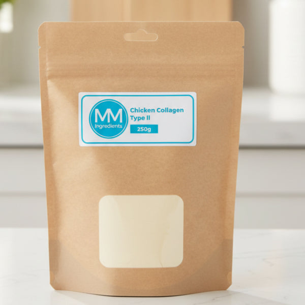 Kraft paper packaging of chicken collagen type 2 with a clear window, featuring MM Ingredients branding.