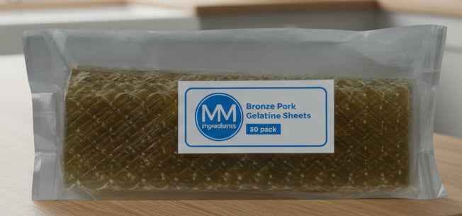 A pack of 50 Bronze Leaf Gelatine Pork sheets supplied by MM Ingredients