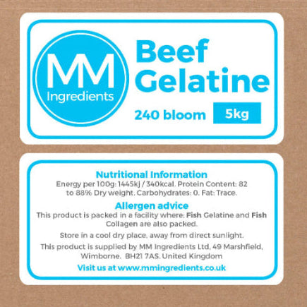 A 5Kg box of powdered Beef gelatine 240 Bloom from MM Ingredients