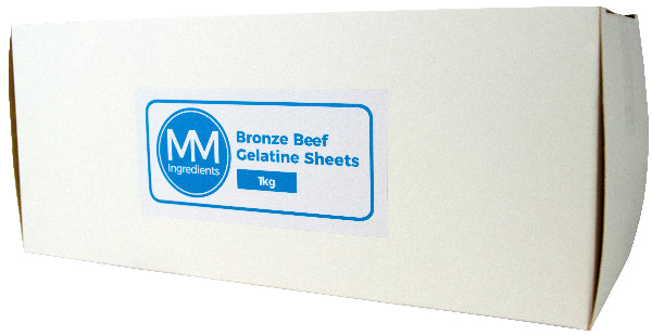 A 1Kg box of Bronze Beef gelatine sheets slod by MM Ingredients