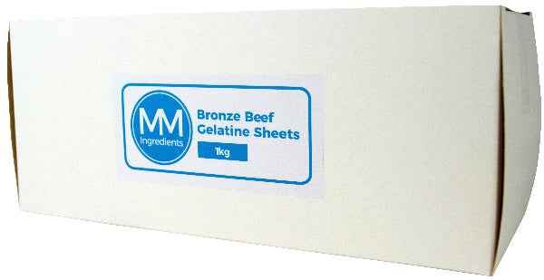 A 1Kg box of Beef Bronze Leaf gelatine sheets containing approximately 300 sheets as sold by MM Ingredients