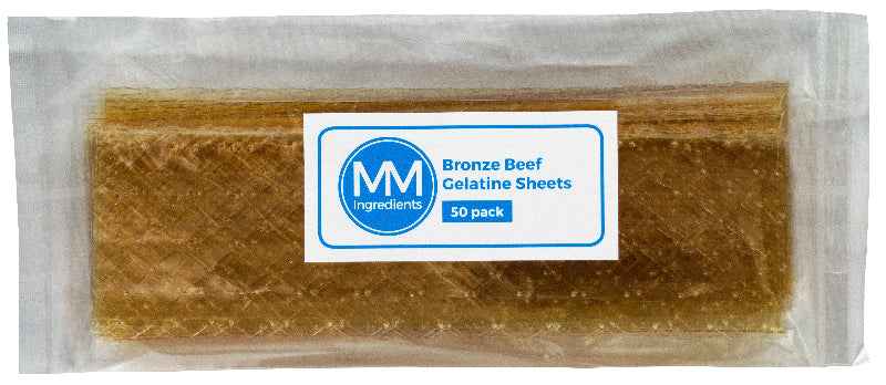 A pack of 50 Beef Bronze Leaf gelatine sheets as sold by MM Ingredients