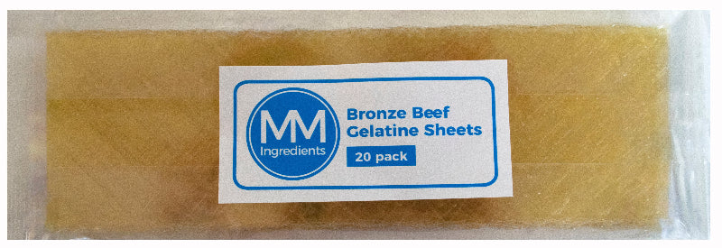 Pack of 20 bronze Beef gelatine sheets from MM Ingredients