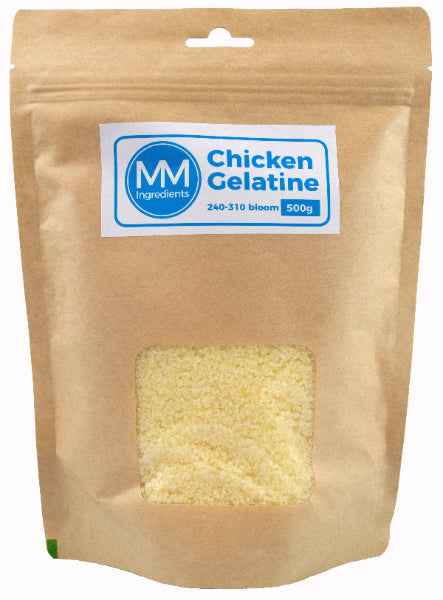 Chicken Gelatine powder 500g 240 to 310 bloom in a pouch sold by MM Ingredients