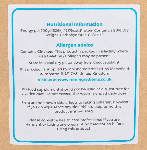 Chicken collagen nutritional information label from MM Ingredients