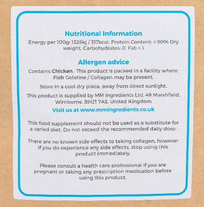 Chicken collagen nutritional information label from MM Ingredients