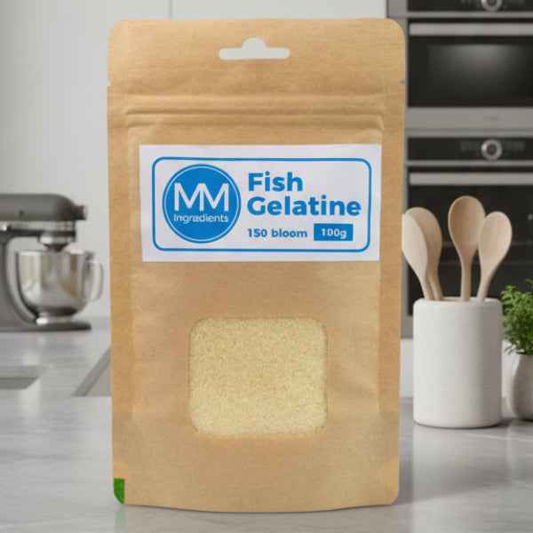 A 100g pouch of Fish Gelatine powder 150 bloom sold by MM Ingredients
