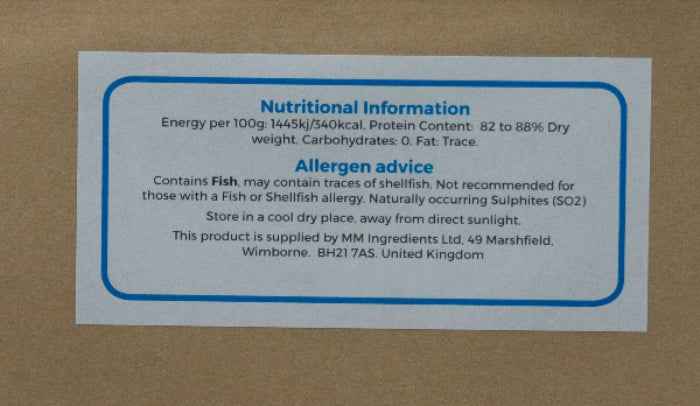 Nutritional informational label for Fish Gelatine Powder sold by MM Ingredients