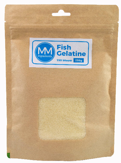 Fish gelatine 150 bloom in a pouch supplied by MM Ingredients