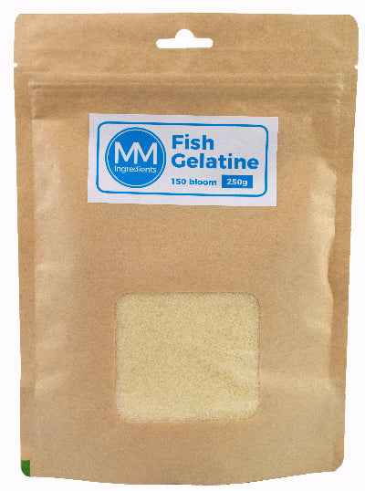 A 250g pouch of Fish Gelatine powder 150 Bloom sold by MM Ingredients
