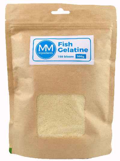 A 500g Pouch of Fish Gelatine powder 150 bloom supplied by MM Ingredients