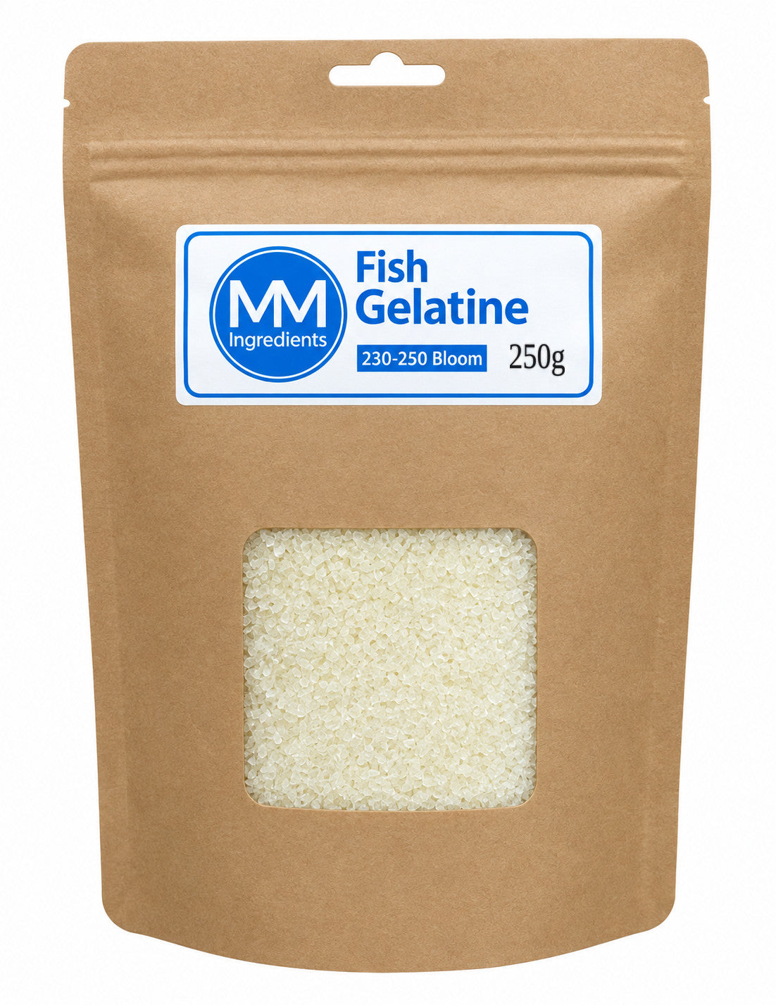 A 250g stand-up kraft paper pouch of MM Ingredients Fish Gelatine, featuring a clear window showing the off-white gelatine powder inside.