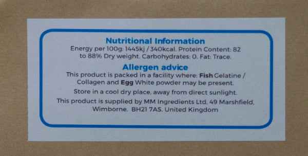 Nutritional information label for Chicken Gelatine as sold by MM Ingredients