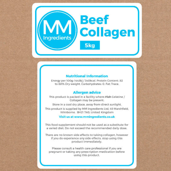 A 5Kg box of powdered Beef collagen as sold by MM Ingredients
