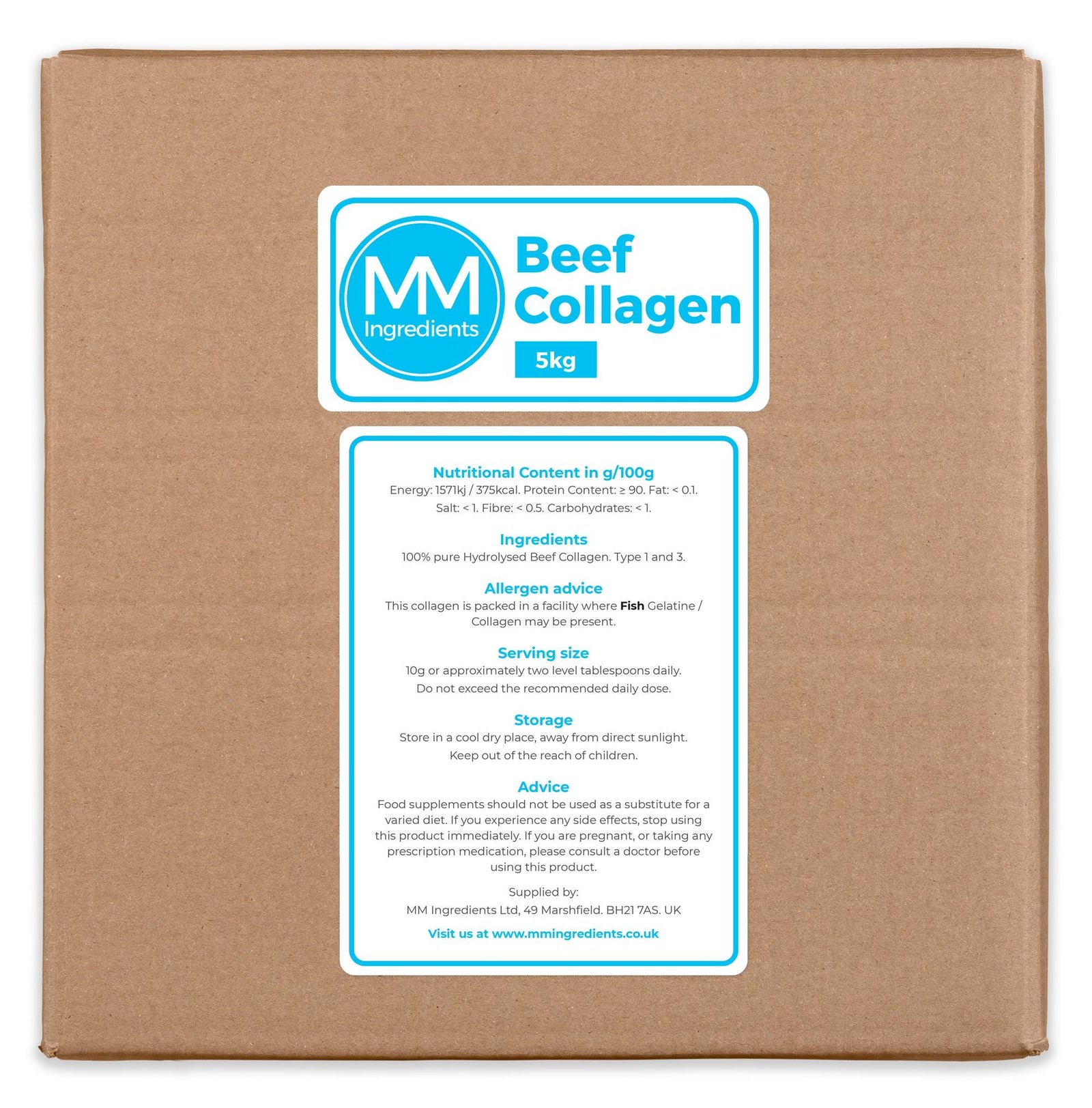 A 5kg cardboard box of MM Ingredients Beef Collagen, featuring a prominent blue and white label on the front with product details and nutritional information.