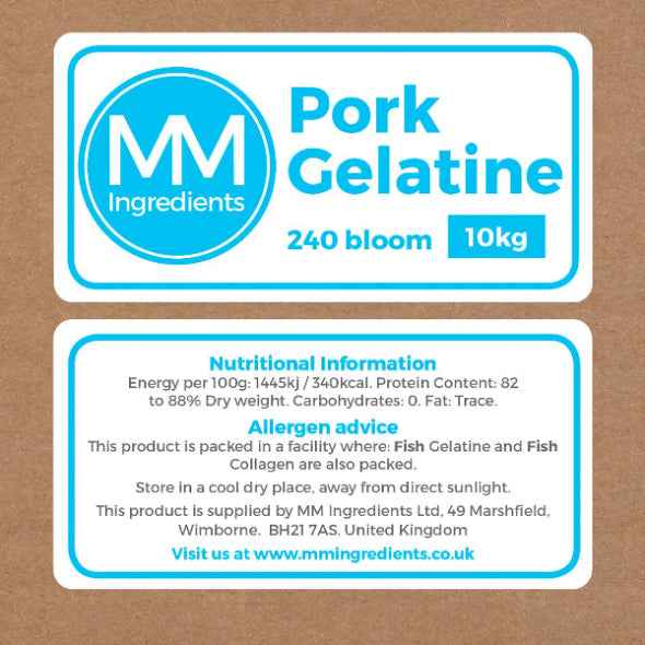 A 10Kg bulk box of 240 bloom Pork Gelatine powder sold by MM Ingredients
