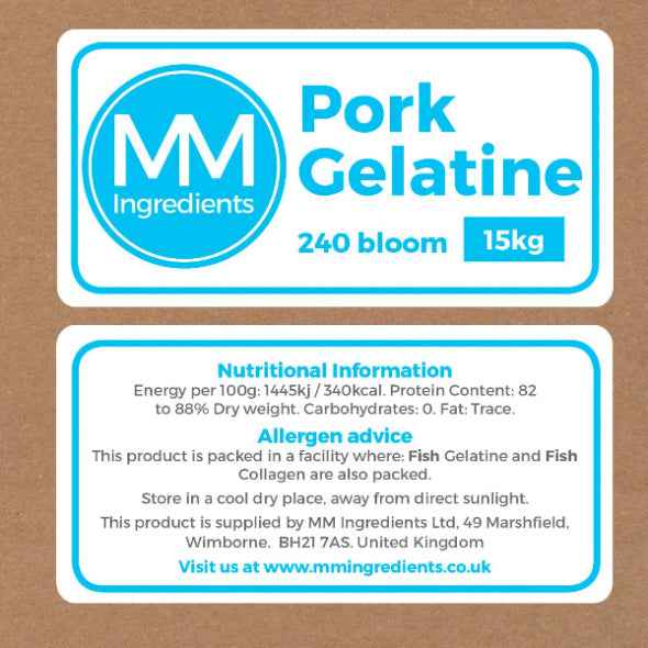 A bulk box of 15KG of Pork Gelatine powder 240 bloom sold by MM Ingredients