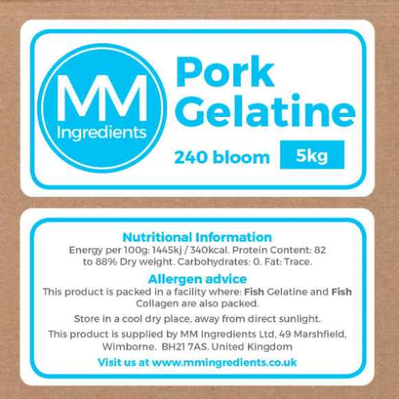 A 5Kg Brown box of Pork Gelatine powder 240 bloom with a label containing a logo and the words Pork Gelatine 240 Bloom and a second label containing nutritional information as supplied by MM Ingredients