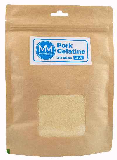 A pouch of 240 bloom Pork Gelatine powder 250g sold by MM Ingredients