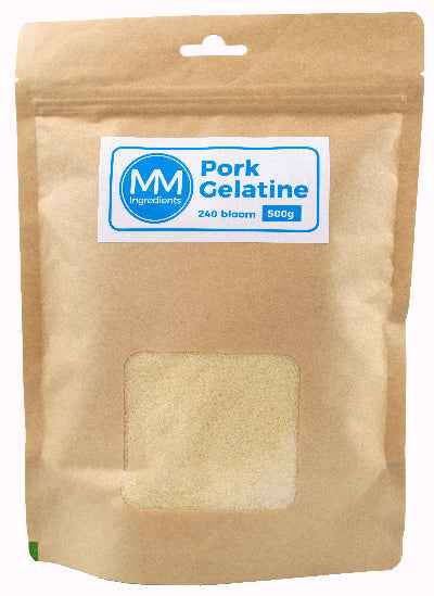 A pouch of Pork Gelatine powder 240 bloom 500g supplied by MM Ingredients