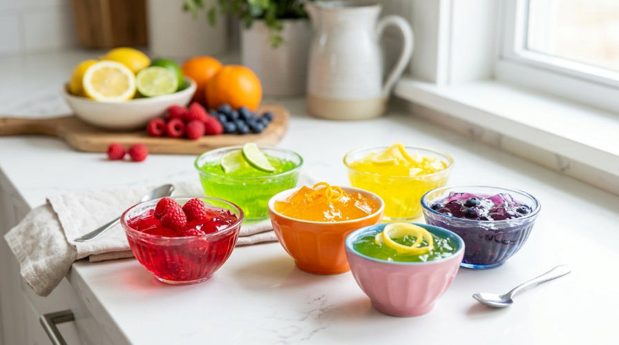 A marble worktop with different coloured fruit jellies in  small glass and ceramic bowls . This is to help the elderly and children to stay hydrated