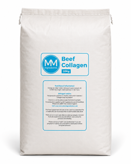 A 20kg white paper bag of MM Ingredients Beef Collagen, featuring a blue and white label on the front, set against a plain white background.