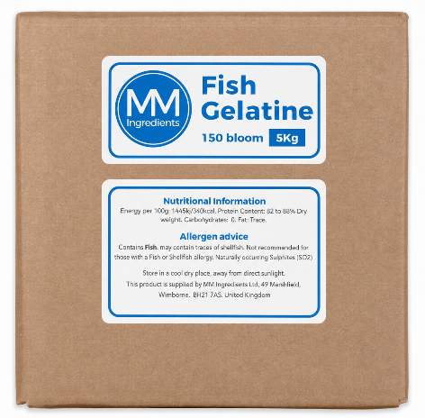 A 5kg brown cardboard box of MM Ingredients Fish Gelatine, featuring two white labels with blue text and logos.
