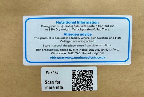 A close-up of a the nutritional information label for MM Ingredients 1Kg Pork gelatine and a smaller label below with a QR code and the text 'Pork 1Kg' and 'Scan for more info'.