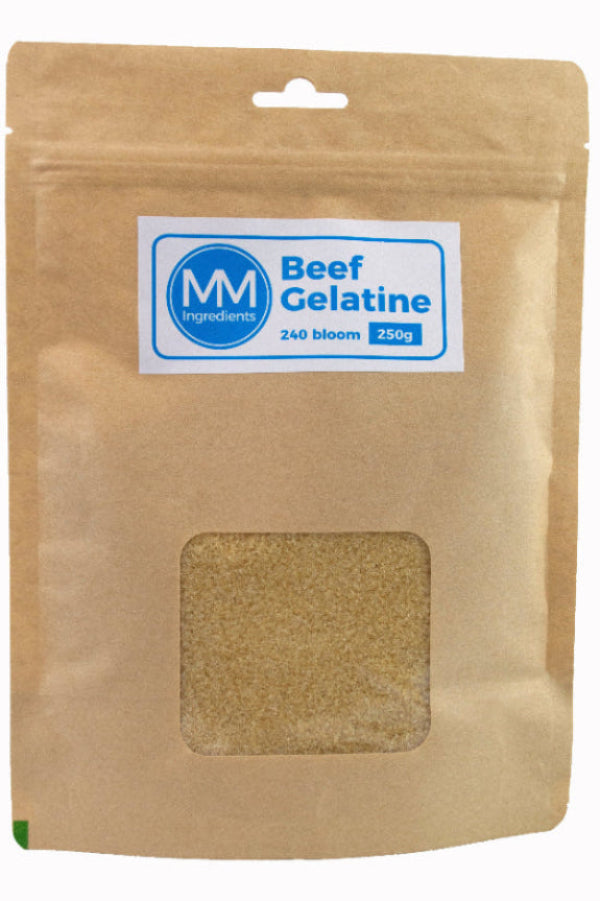 A pouch of Beef gelatine 240 Bloom 250g from MM Ingredients