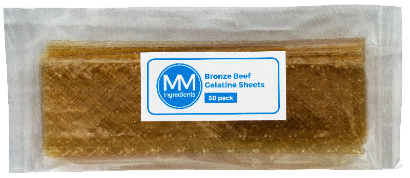 A pack of Bronze beef gelatine sheets from MM Ingredients